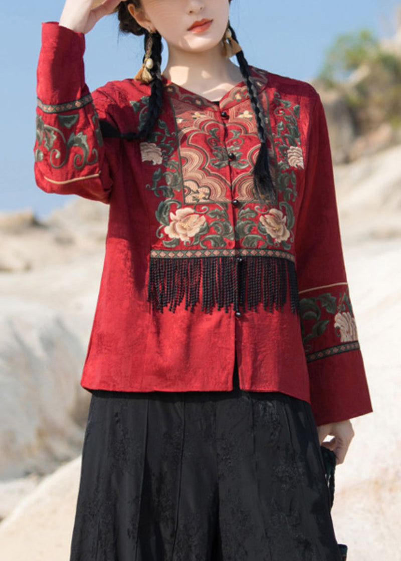 New Red Embroidered Tasseled Silk Coat Long Sleeve Qa1062