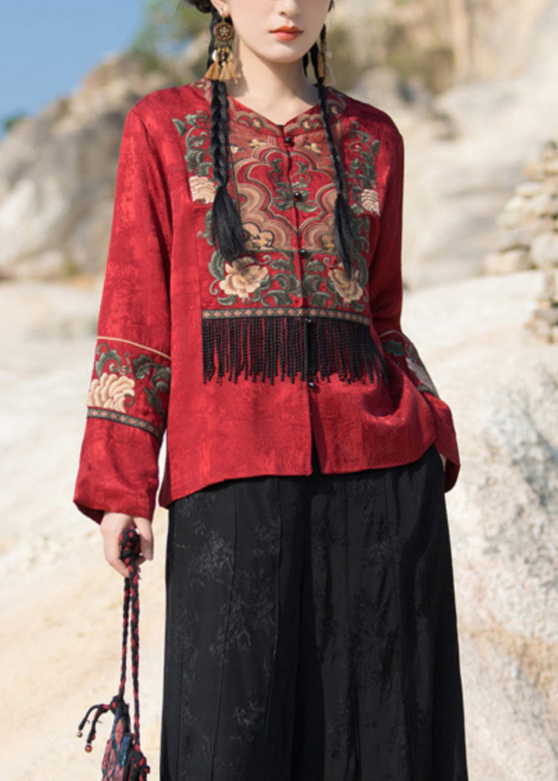 New Red Embroidered Tasseled Silk Coat Long Sleeve Qa1062
