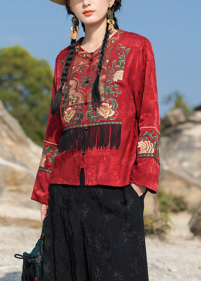 New Red Embroidered Tasseled Silk Coat Long Sleeve Qa1062
