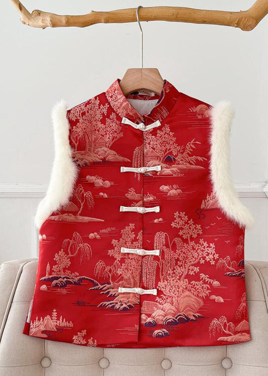 New Red Fluffy Print Patchwork Thick Waistcoat Sleeveless Qo062
