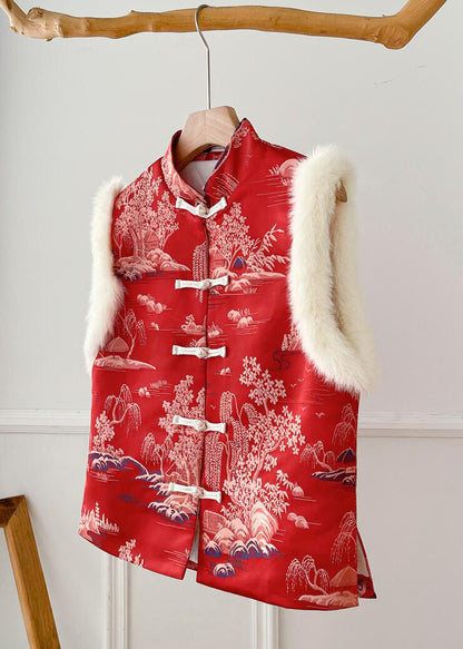 New Red Fluffy Print Patchwork Thick Waistcoat Sleeveless Qo062