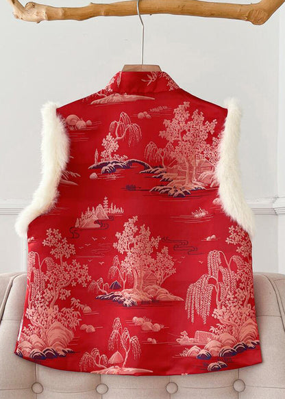 New Red Fluffy Print Patchwork Thick Waistcoat Sleeveless Qo062