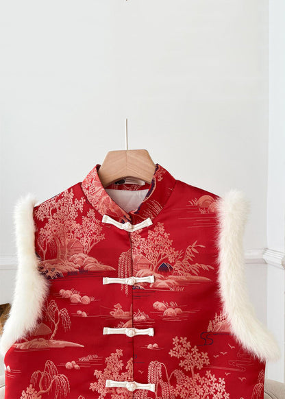 New Red Fluffy Print Patchwork Thick Waistcoat Sleeveless Qo062