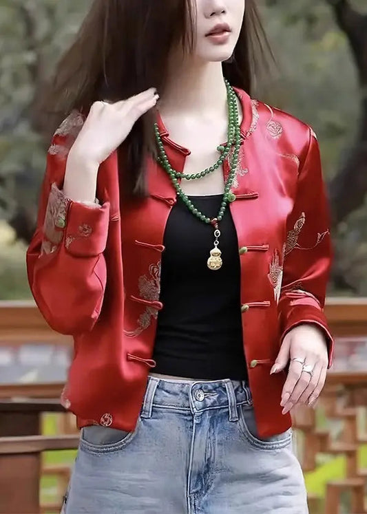 New Red O Neck Button Print Silk Coat Long Sleeve Cg1033