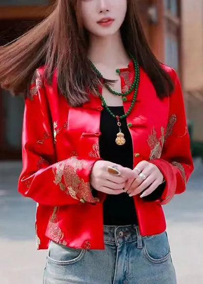 New Red O Neck Button Print Silk Coat Long Sleeve Cg1033