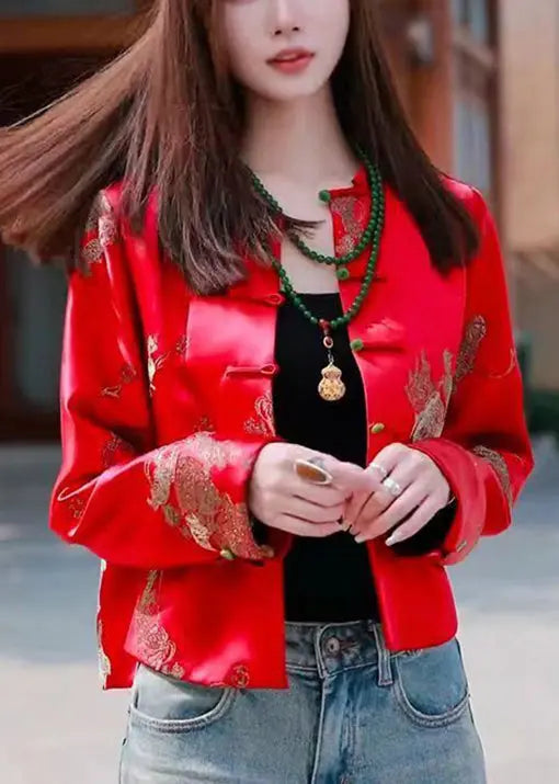 New Red O Neck Button Print Silk Coat Long Sleeve Cg1033