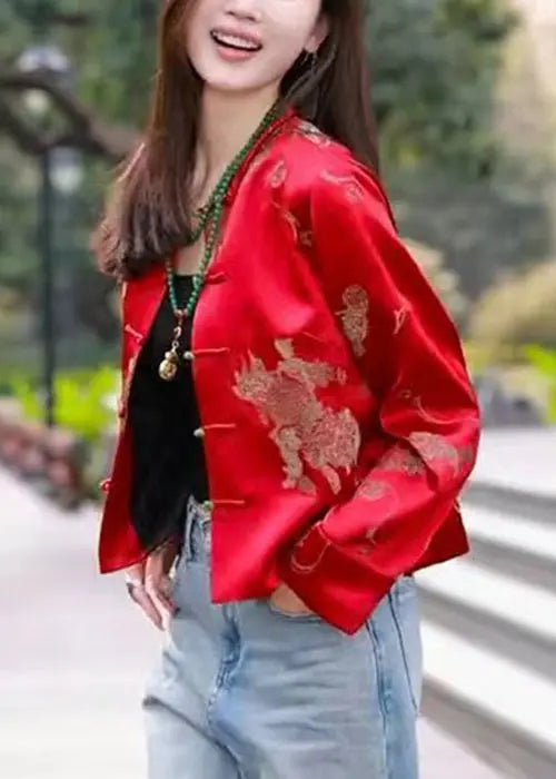 New Red O Neck Button Print Silk Coat Long Sleeve Cg1033
