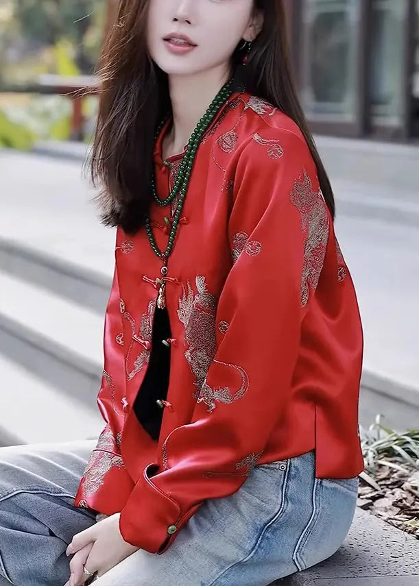 New Red O Neck Button Print Silk Coat Long Sleeve Cg1033