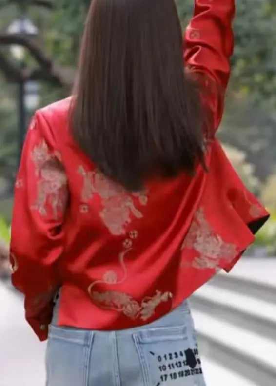 New Red O Neck Button Print Silk Coat Long Sleeve Cg1033