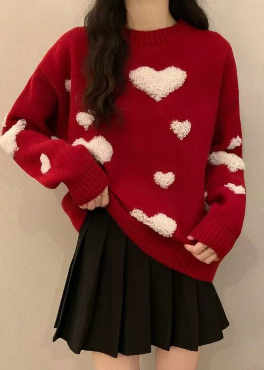 New Red O Neck Heart Jacquard Thick Knit Sweaters Winter Rg043