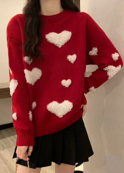 New Red O Neck Heart Jacquard Thick Knit Sweaters Winter Rg043