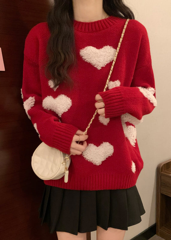 New Red O Neck Heart Jacquard Thick Knit Sweaters Winter Rg043