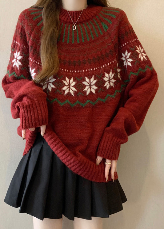 New Red O Neck Jacquard Thick Knit Sweaters Winter Rg034
