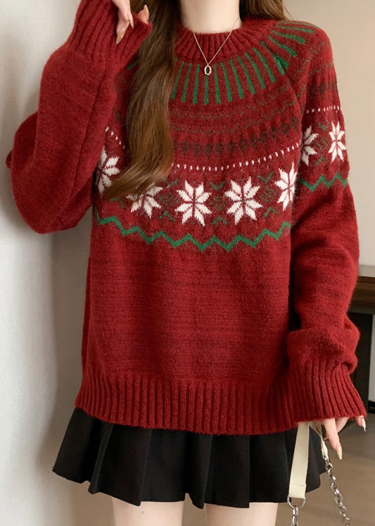 New Red O Neck Jacquard Thick Knit Sweaters Winter Rg034