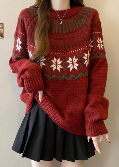 New Red O Neck Jacquard Thick Knit Sweaters Winter Rg034