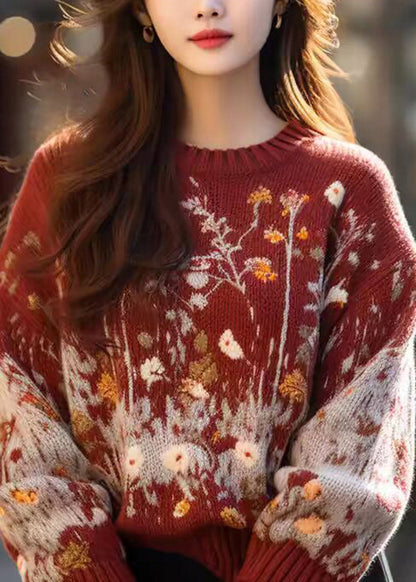 New Red O Neck Print Cozy Woolen Knit Sweaters Spring Yy039