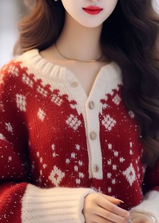 New Red O Neck Thick Print Knitted Sweaters Tops Fall Wo033