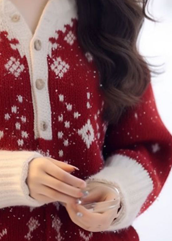 New Red O Neck Thick Print Knitted Sweaters Tops Fall Wo033