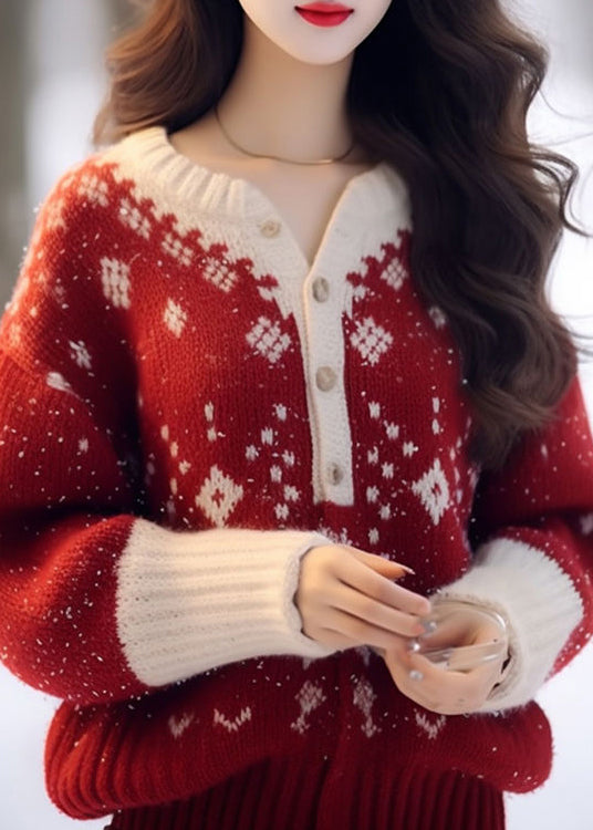 New Red O Neck Thick Print Knitted Sweaters Tops Fall Wo033