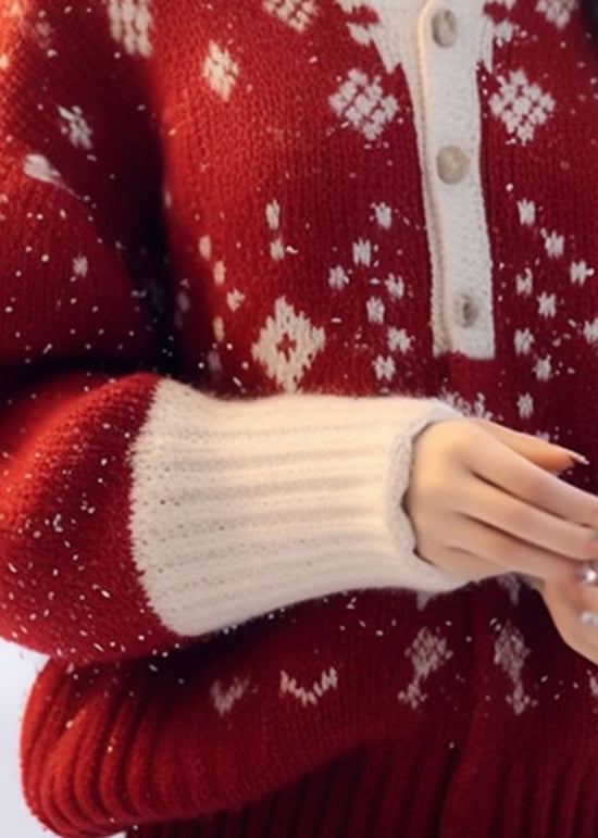 New Red O Neck Thick Print Knitted Sweaters Tops Fall Wo033