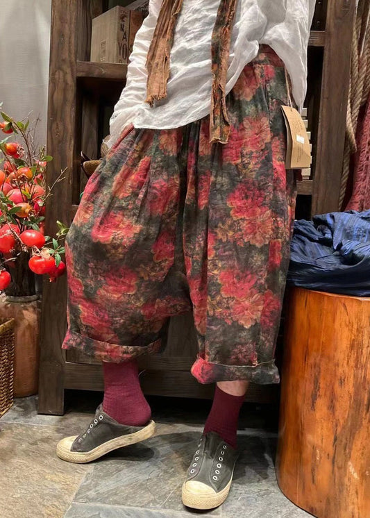 New Red Print Pockets Elastic Waist Linen Crop Pants Summer Vv080