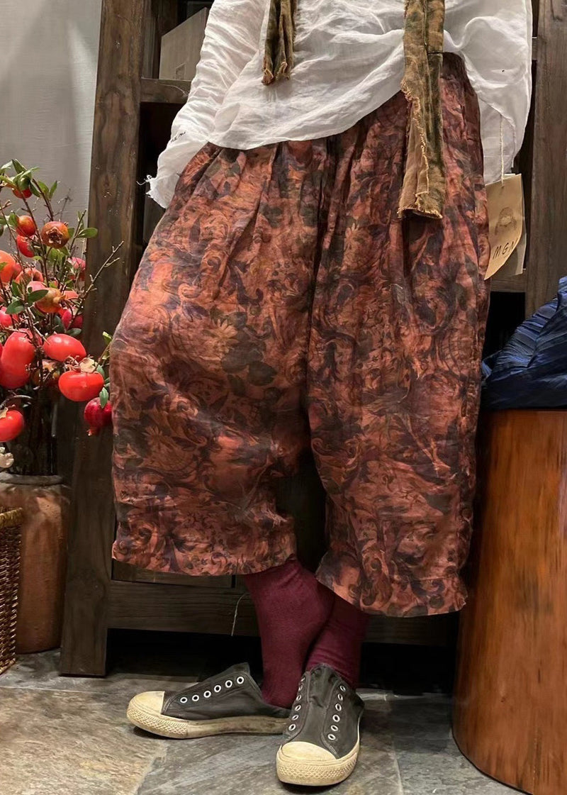 New Red Print Pockets Elastic Waist Linen Crop Pants Summer Vv080