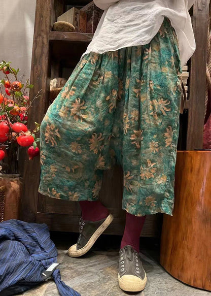 New Red Print Pockets Elastic Waist Linen Crop Pants Summer Vv080