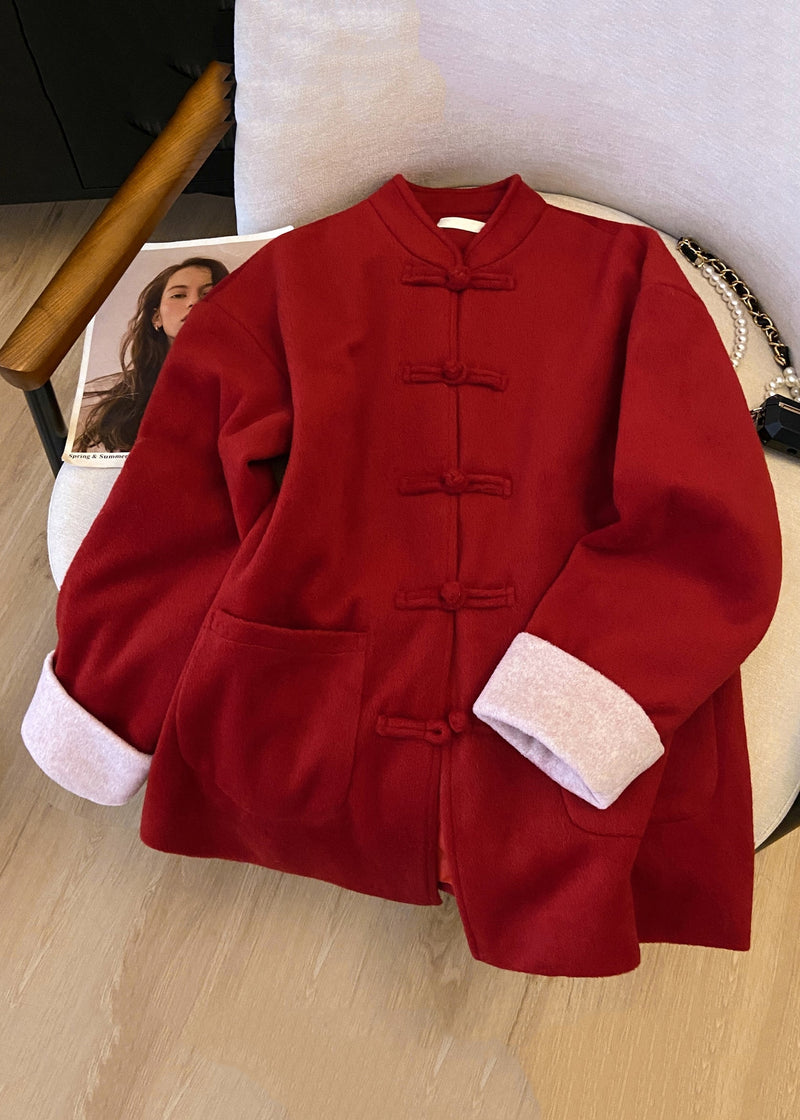 New Red Stand Collar Button Pockets Thick Woolen Coats Winter Qg033