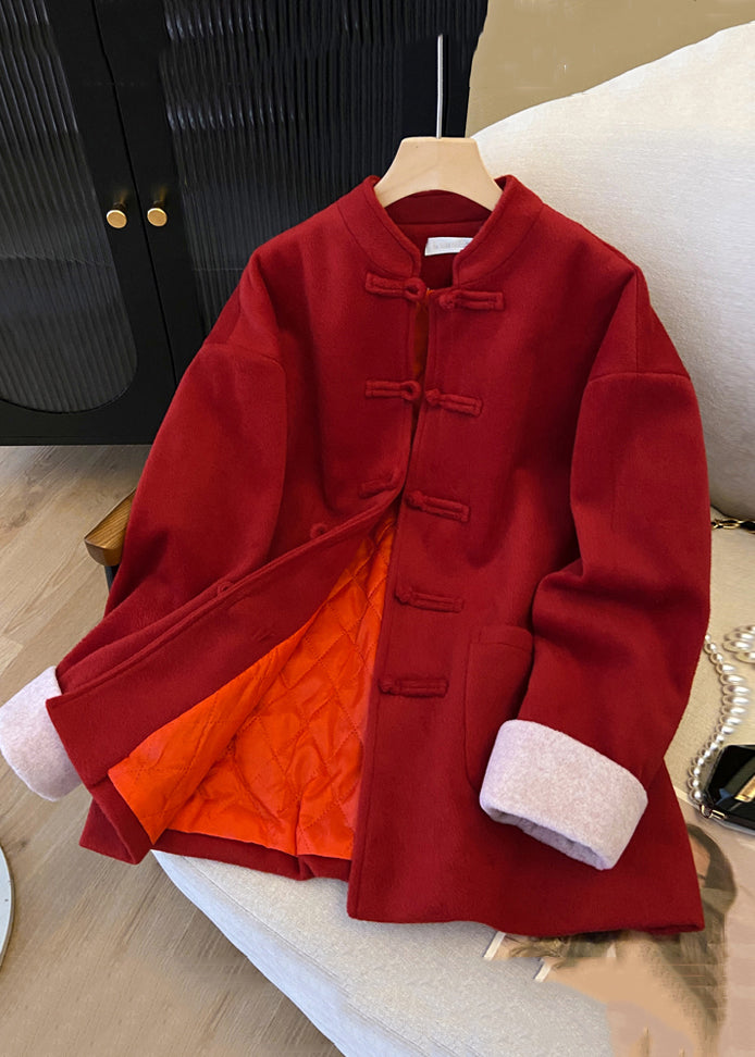New Red Stand Collar Button Pockets Thick Woolen Coats Winter Qg033