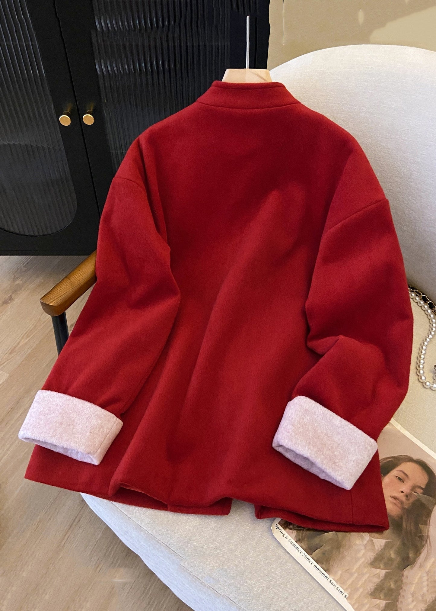 New Red Stand Collar Button Pockets Thick Woolen Coats Winter Qg033