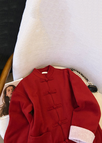 New Red Stand Collar Button Pockets Thick Woolen Coats Winter Qg033