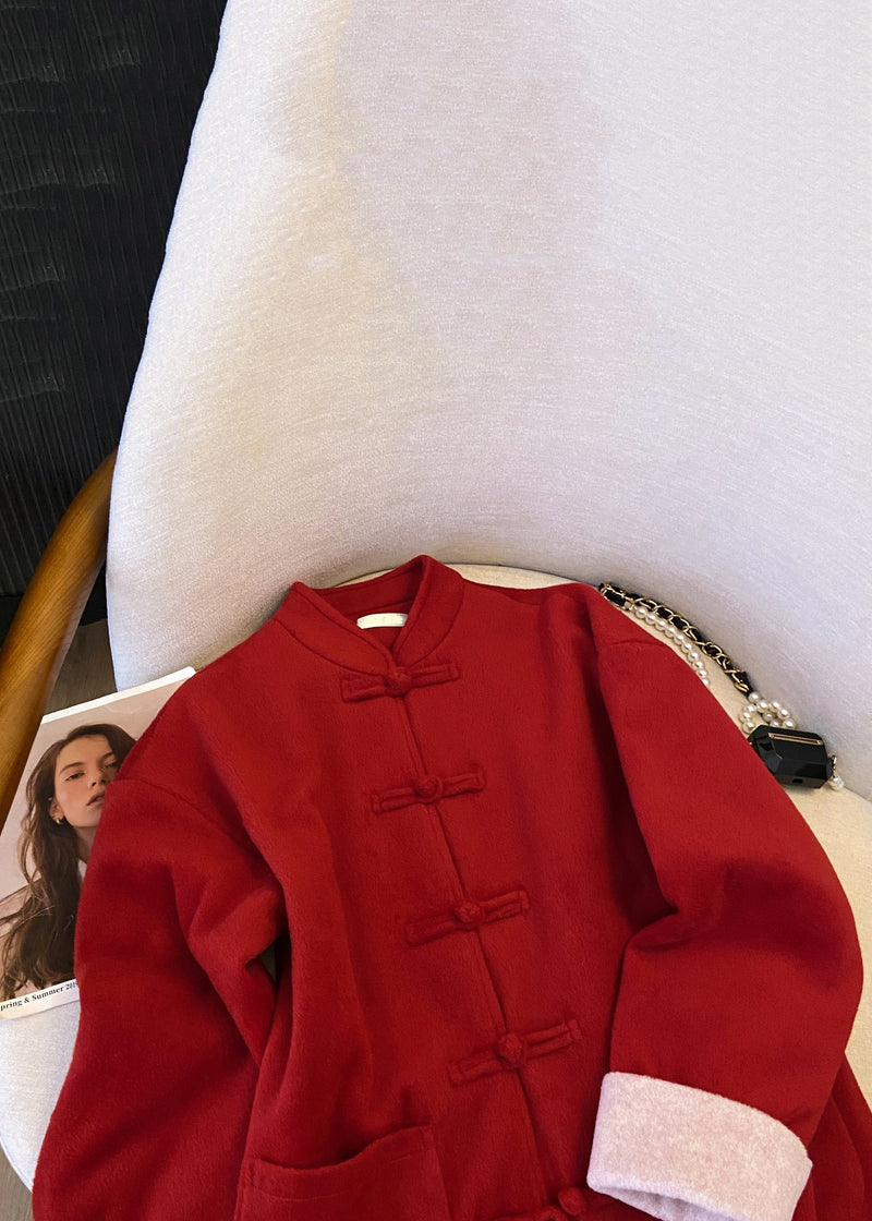 New Red Stand Collar Button Pockets Thick Woolen Coats Winter Qg033
