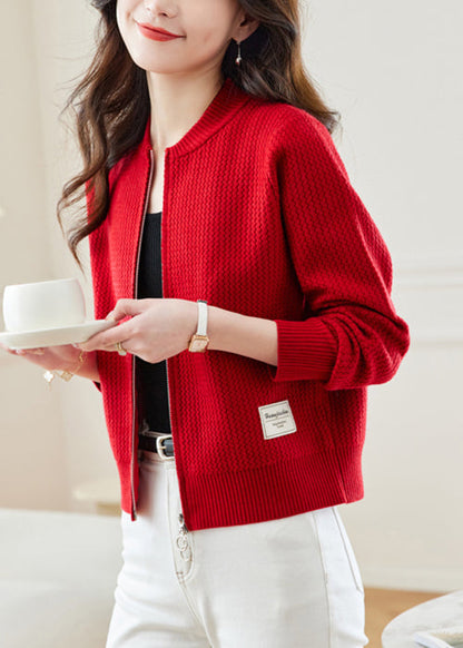 New Red Stand Collar Zip Up Knit Coat Fall Qs018