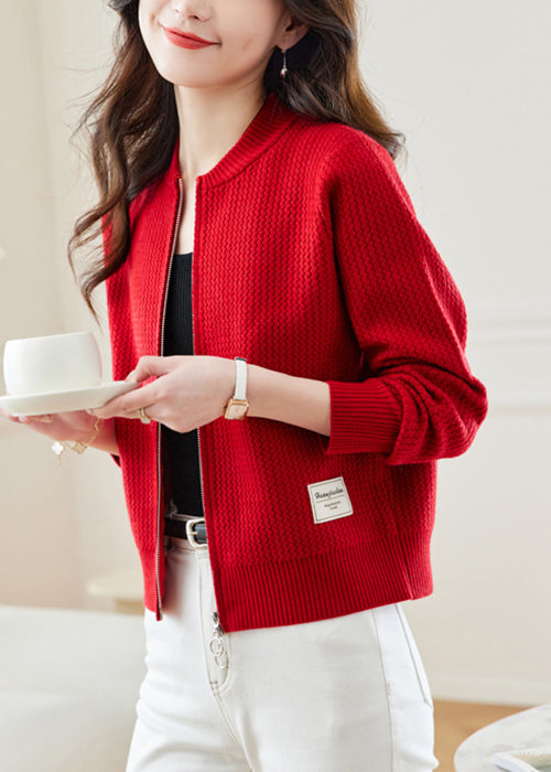 New Red Stand Collar Zip Up Knit Coat Fall Qs018