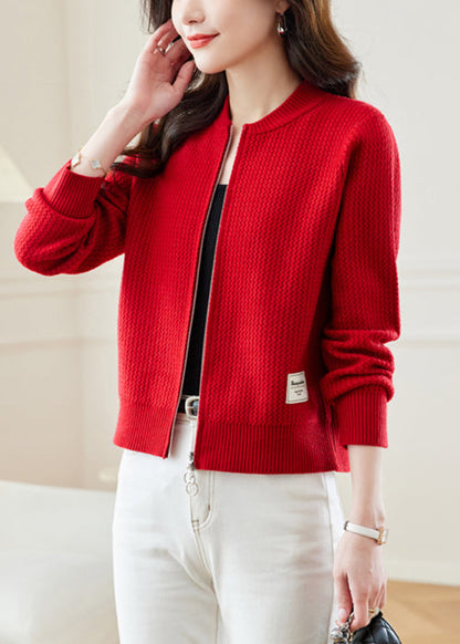 New Red Stand Collar Zip Up Knit Coat Fall Qs018