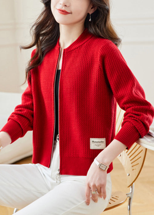New Red Stand Collar Zip Up Knit Coat Fall Qs018