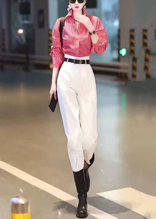 New Red Striped Shirts and White Pants Cotton Two Pieces Set Long Sleeve Zl030