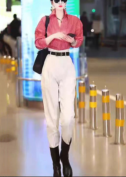 New Red Striped Shirts and White Pants Cotton Two Pieces Set Long Sleeve Zl030