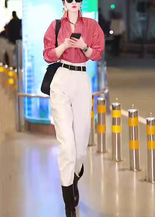 New Red Striped Shirts and White Pants Cotton Two Pieces Set Long Sleeve Zl030