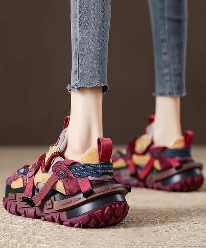New Red Suede Platform Flat Sport Shoes Splicing Lace Up Wt006