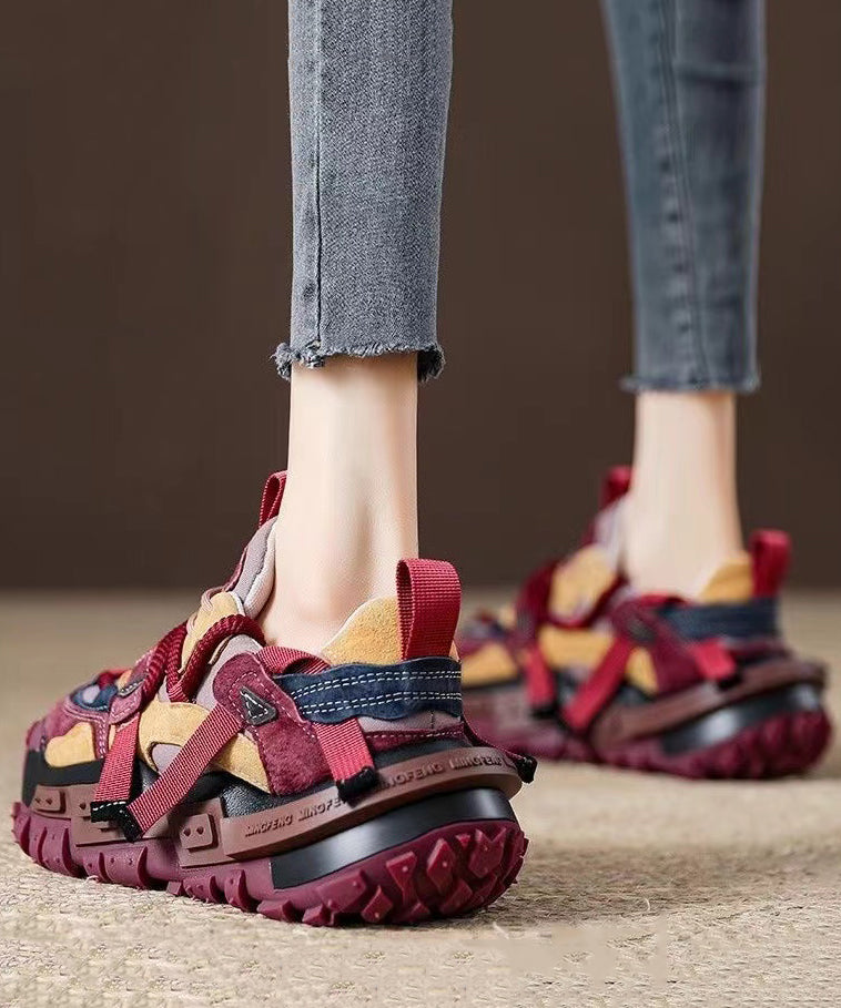 New Red Suede Platform Flat Sport Shoes Splicing Lace Up Wt006