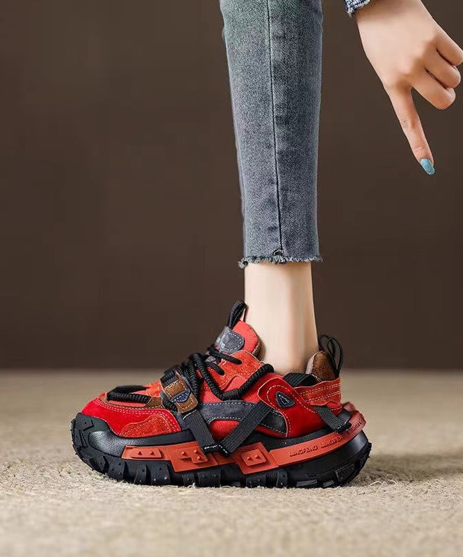 New Red Suede Platform Flat Sport Shoes Splicing Lace Up Wt006