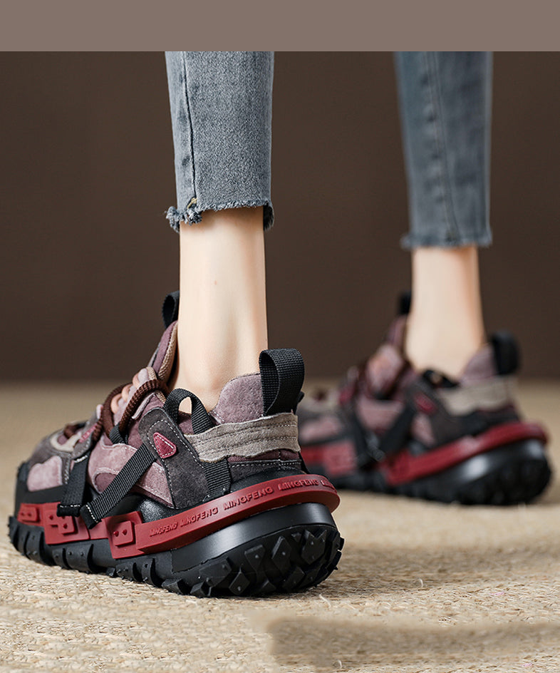 New Red Suede Platform Flat Sport Shoes Splicing Lace Up Wt006