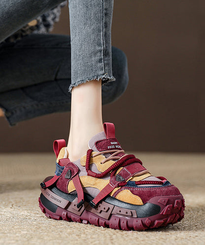 New Red Suede Platform Flat Sport Shoes Splicing Lace Up Wt006