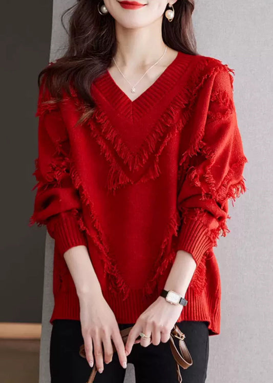 New Red Tasseled Cozy Wool Knit Sweater Fall Qs005
