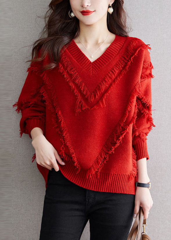 New Red Tasseled Cozy Wool Knit Sweater Fall Qs005