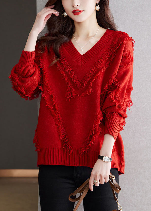 New Red Tasseled Cozy Wool Knit Sweater Fall Qs005
