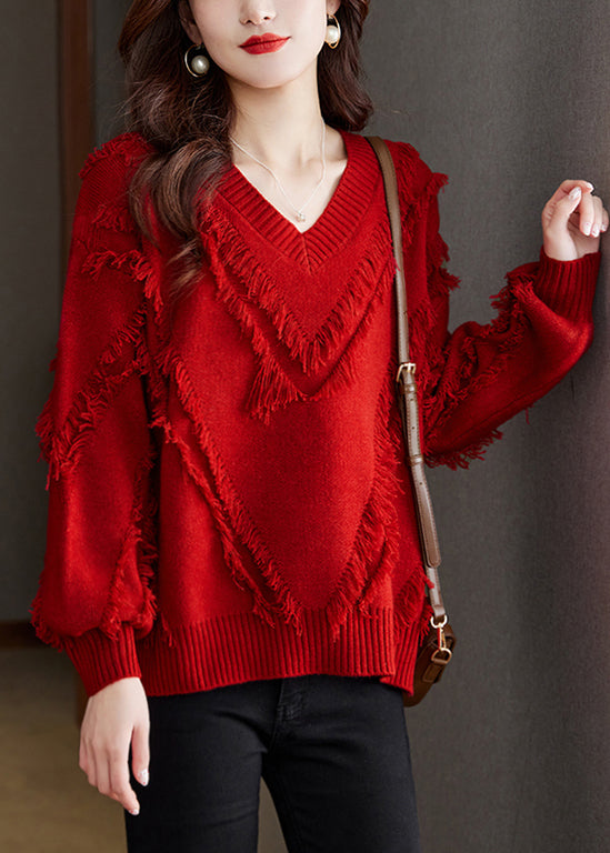 New Red Tasseled Cozy Wool Knit Sweater Fall Qs005