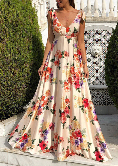 New Red V Neck Print Backless Cotton Maxi Dresses Sleeveless Ff098