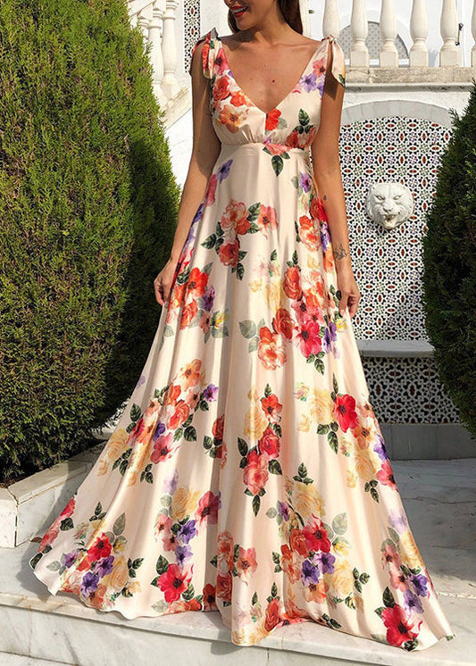 New Red V Neck Print Backless Cotton Maxi Dresses Sleeveless Ff098